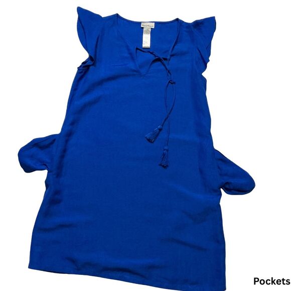 Tommy Bahama Linen-Blend Shift Dress Size XS Pull-Over Blue Pockets Flare Sleeve - Picture 4 of 7